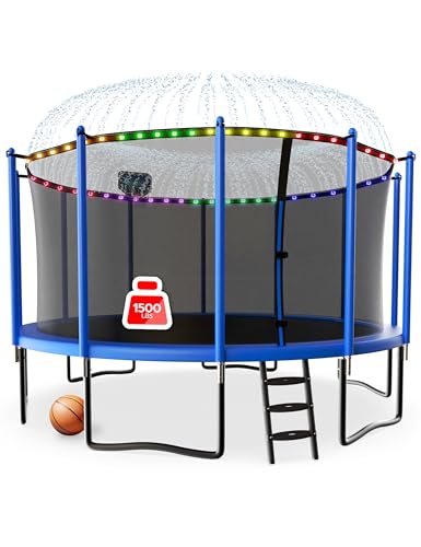 LHX 8 10 12 14 15 16FT Tranpoline Outdoor 1500LBS with Basketball Hoop, Light and Sprinkler, Large Heavy Duty Round Recreational Tranpoline for Kids and Adults for Family Backyard Fun, ASTM Approved - color: Blue, size: 15 FT