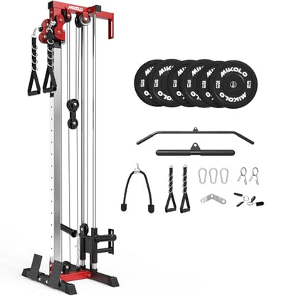 Mikolo Wall Mount Cable Station, Cable Crossover Machine with Dual Pulley System and 19/27 Adjustable Positions for Home Gym Fitness Equipment - color: RED, size: G3 Package(100LB Black Plates)