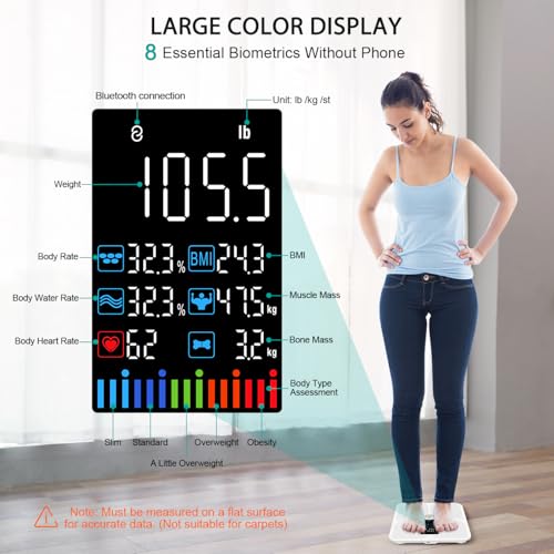 ABLEGRID Body Fat Scale,Digital Smart Bathroom Scale for Body Weight, Large Color Display Screen, 22 Body Composition Metrics BMI, Water Weigh, Heart Rate, Baby Mode, 400lb, Rechargeable (White) - color: White