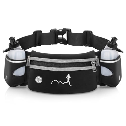 Hydration Running Belt with Water Bottles(2 x 300ML), Luckit Upgraded Nylon Webbing Running Waist Bag Reflective Bum Bag Adjustable Sports Waist Pouch for Marathon Running Hiking Camping Jogging - color: Black
