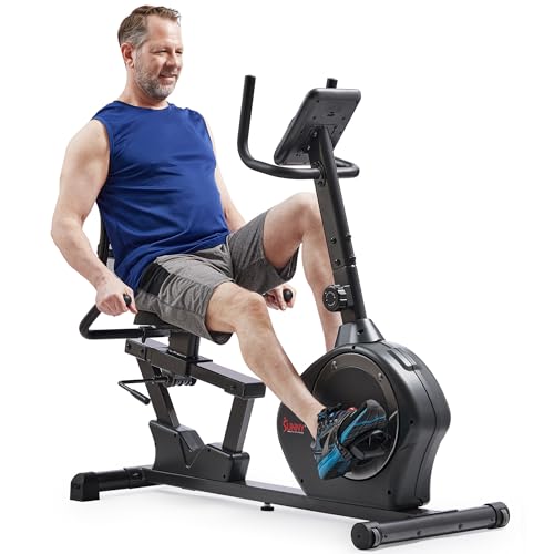 Sunny Health & Fitness Smart Recumbent Bike, Wide Cushioned Seat & Back, Indoor Cycling Machine for Adult/Seniors Home Exercise, Free SunnyFit App Connection - color: Dark Grey