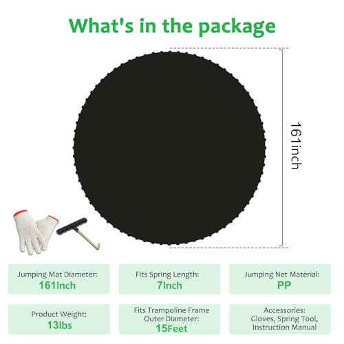 Replacement Trampoline Mat，Heavy-Duty, UV-Resistant & Durable Bounce Pad for 12/14/15ft Round Trampolines - Perfect for Safe & Fun Jumping - size: 15FT|161" Diam|96 V-Rings|Fits 7" SpringsLength