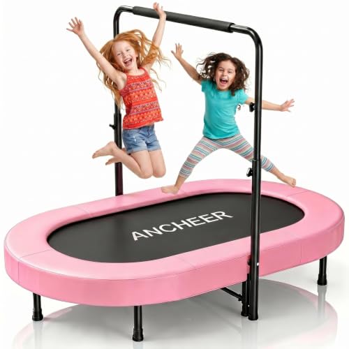 ANCHEER Trampoline for Kids, Toddler Trampoline Indoor Sports and Outdoor Games 56" Kids Rebounder 220LBS Capacity with Adjustable Safety Handrail Foldable Jumper for Boys and Girls - color: Pink