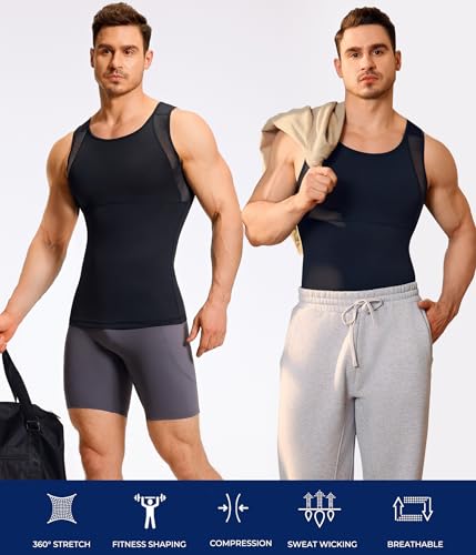 TAILONG Mens Compression Shirt Tank Top Undershirt Shapewear Slimming Body Shaper Vest Mesh Workout Shirts - color: Black, size: XX-Large