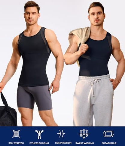 TAILONG Mens Compression Shirt Tank Top Undershirt Shapewear Slimming Body Shaper Vest Mesh Workout Shirts - color: Black, size: XX-Large