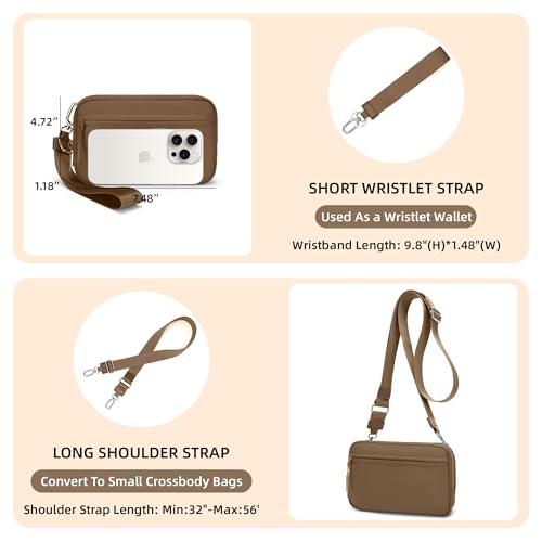 FODOKO Wristlet wallets for Women RFID crossbody bags with 4 Zippers - color: Brown2