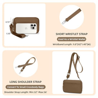 FODOKO Wristlet wallets for Women RFID crossbody bags with 4 Zippers - color: Brown2