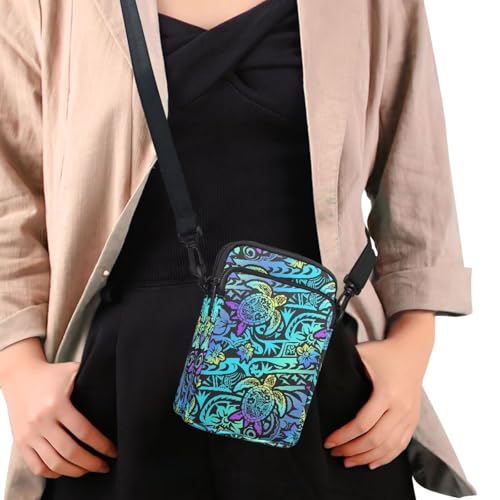 Hawaiian Tribal Small Crossbody Bags for Women Cell Phone Bag Purse, Sea Turtle Zipper Sling Purses Shoulder Bag - color: Neon Aqua Blue Turtle