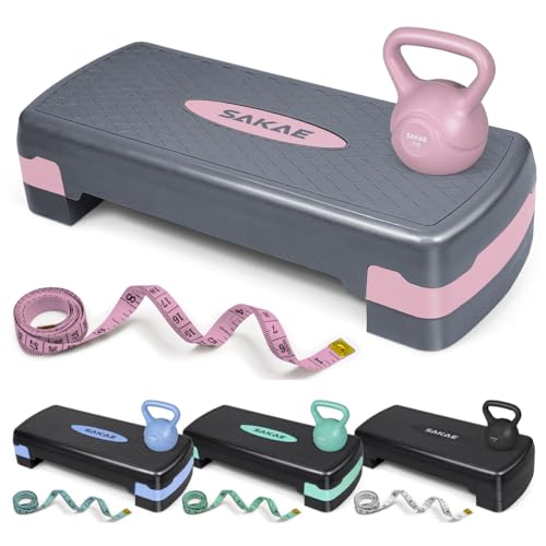 SAKAE Step Aerobics Platform Set with Kettlebell & Measuring Tape, Aerobic Steppers for Exercise at Home, Adjustable Height 2 Level Risers Workout Step Trainer with Non-Slip Surface, Multiple Colors - color: Pink