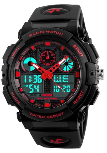MASTOP Men's Digital Analog Sports Military Watches Waterproof Outdoor LED Backlight Display Alarm Stopwatch - color: Red