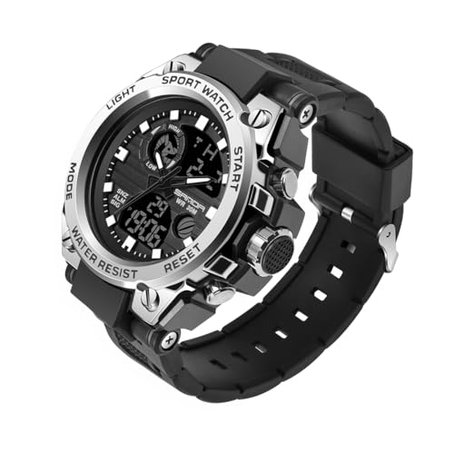 AIMES Men's Watches Sports Outdoor Waterproof Military Watch LED Date Alarm Stopwatch Multi-Function Tactics Big Face Wristwatch for Men - color: Silver