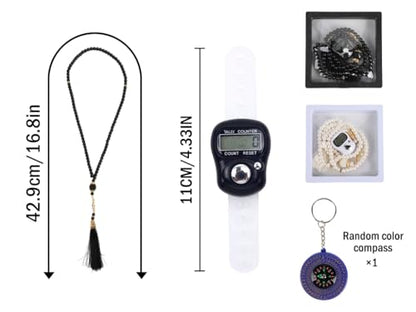 Islamic Tasbih Prayer Beads & Digital Tasbeeh Counter Set, 2 Pieces Elegant Beads with LCD Finger Counter, Elegant Islamic Gift for Dhikr Meditation Ramadan & Eid (Black, White)