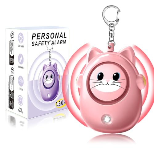 Personal Alarms Keychain, 130dB Loud Safety Siren, LED Light, Cute Cat Design Security Device for Women, Elderly, Children - color: Pink