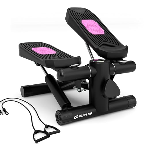 Goplus Steppers for Exercise at Home, Intensity Adjustable Hydraulic Mini Stepper w/Resistance Bands & LCD Monitor, Quiet & Portable Small Cardio Exercise Machine for Home Office or Under Desk - color: Black