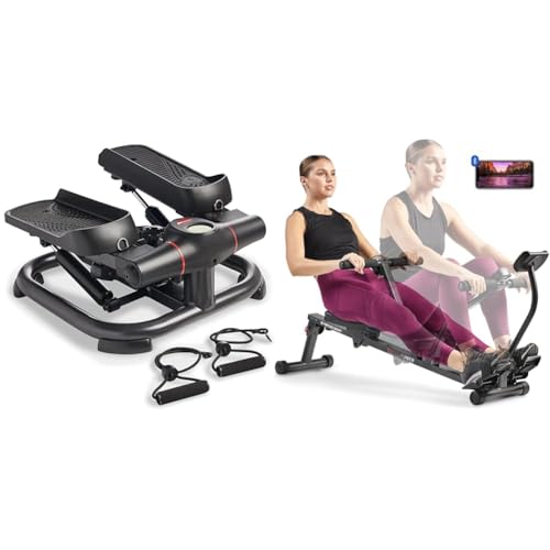 Sunny Health & Fitness 2-in-1 Premium Power Stepper with Resistance Bands + Smart Compact Adjustable Rowing Machine, 12 Levels Adjustable Resistance