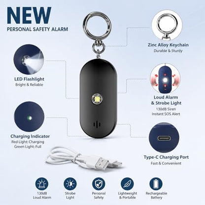 Personal Safety Alarm for Women, 130dB Rechargeable Keychain Alarm with Bluetooth SOS Alerts, Dual Speakers, Strobe Light, Low Battery Reminder, USB-C Emergency Siren for Travel (Black) - color: Black