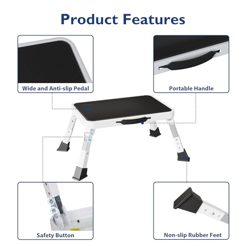 BONTEC Folding Step Stool, 3-Level Adjustable Metal Step Stool, 330lbs - color: White