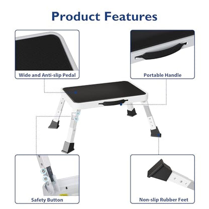 BONTEC Folding Step Stool, 3-Level Adjustable Metal Step Stool, 330lbs - color: White