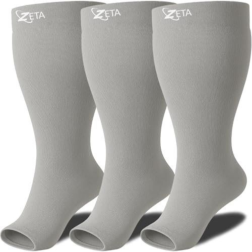 Zeta Wear Plus Size Compression Socks for Women and Men, Wide Calf Knee-High 15-19 mmHg Graduated Support, Easy-On Cuff, Fits Calves to 26 inch / 66 cm - color: 3 Pair - Gray, size: 3XL