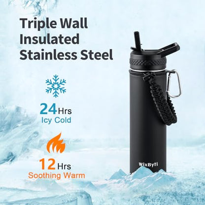 WixByti 20 oz Insulated Water Bottle with Straw, Stainless Steel Water Jug - color: Black, size: 20 Ounces