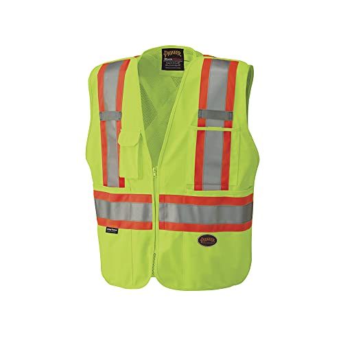 Pioneer Hi Vis Tear-Away Mesh Back Safety Vest for Men - Reflective Tape, 4 Pockets - Construction, Traffic, Security - Yellow - color: Hi-vis Yellow/Green, size: Medium