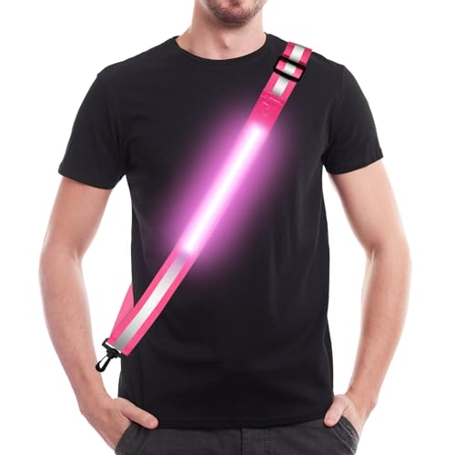 Rechargeable LED Reflective Belt Sash – High Visibility Safety Gear with 5 Colors 11 Light Modes, Adjustable Strap for Night Dog Walking, Running & Biking - color: Pink