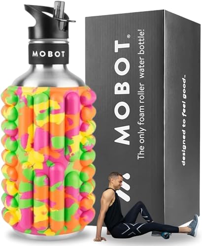 MOBOT Portable Travel Foam Roller Water Bottle with Sip Straw, Stainless Steel Screw Lid | Insulated Sports Water Bottle and Foam Rollers for Yoga, Workout, Home Gym, & Exercise 40oz. (Juicy) - color: Juicy, size: 40 Ounces