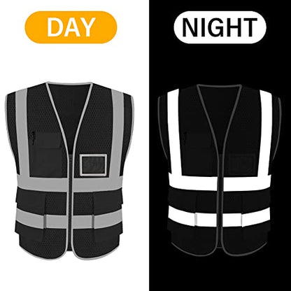 HYCOPROT High Visibility Mesh Safety Reflective Vest with Pockets and Zipper, Meets ANSI/ISEA Standards - color: Black, size: Small