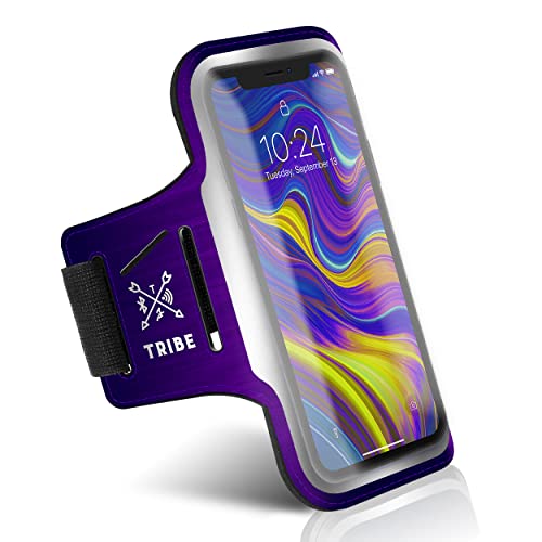 TRIBE Running Phone Holder Armband. iPhone & Galaxy Cell Phone Sports Arm Bands for Women, Men, Runners, Jogging, Walking, Exercise & Gym Workout. Fits All Smartphones. Adjustable Strap, CC/Key Pocket - color: Purple, size: S: iPhone Mini/8/7/6/5/4/3/SE/G