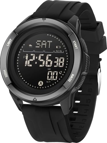 findtime Men's Digital Watch Pedometer Step Counter Watches Military Compass Waterproof Wrist Watch Tactical Sport Watch Calories Counter Pacer Running Wristwatch LED Light Stopwatch Countdown - color: Black Silicone