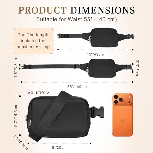 2L Black Fanny Pack for Women Men, Large Everywhere Belt Bag with Adjustable Strap 55", Crossbody Bag Water-resistant for Travel, Sports, Hiking - color: 01 - Black