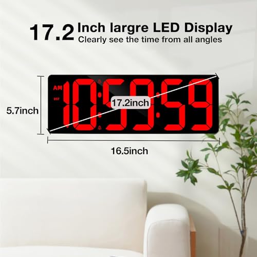 Large Digital Timer Wall Clock with Remote Control, 17.2" Count Down Up Digital Timer LED Display Auto DST Big Digital Clock for Bedroom Kitchen Living Room Office Gym Home Decor