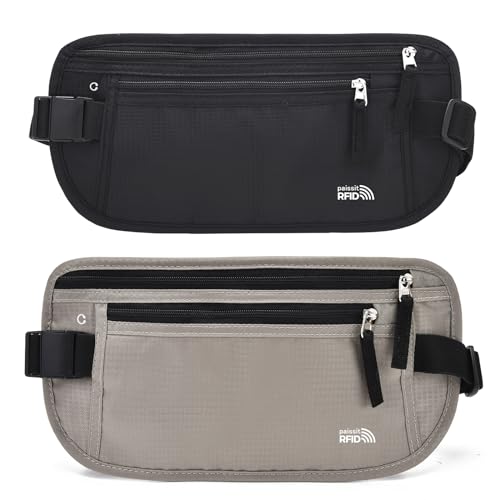 Unisex Money Belt For Men and Women, Slim Passport Holder RFID Blocking Travel Essentials Pouch with Adjustable Strap Small Waist Pouch for Workout Running Travelling Hiking, Black & Light Grey - color: Black & Light Grey, size: Medium