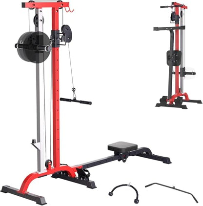 Takywep 2-in-1 Rowing Machine + LAT Pulldown Cable System for Home Gym - Adjustable High/Low Pulley, Seated Row Station, Compact Carbon Steel Full-Body Cardio & Strength Trainer - color: Black+Red