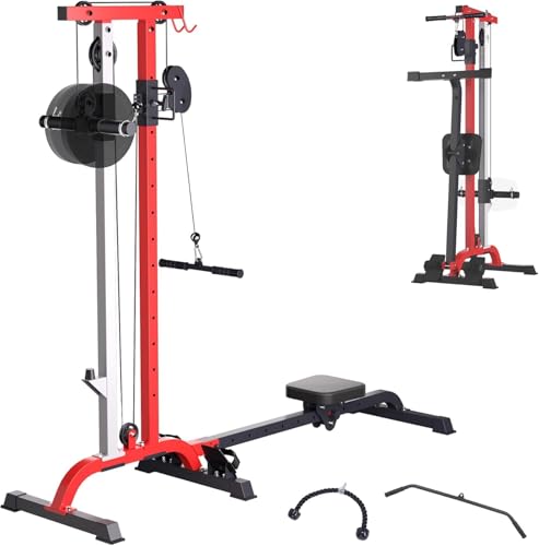 Takywep 2-in-1 Rowing Machine + LAT Pulldown Cable System for Home Gym - Adjustable High/Low Pulley, Seated Row Station, Compact Carbon Steel Full-Body Cardio & Strength Trainer - color: Black+Red