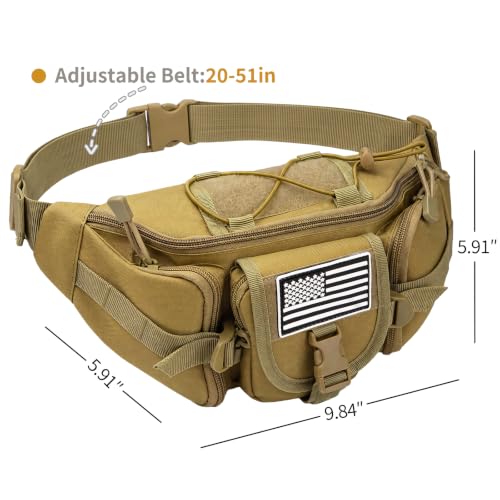 Fanny Pack Waist Packs, Large Crossbody Tactical Fanny Packs for Women Men, Waterproof Hiking Belt Bag with 5 Zipper Pockets, Hip Bum Bag with U.S Patch, Waist Pouch for Outdoor Fishing - Mud - color: Mud