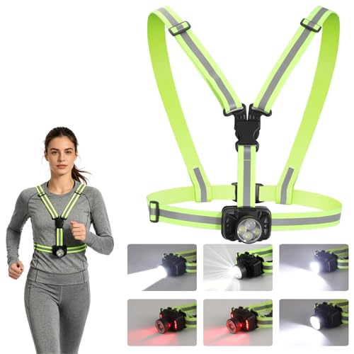 Running Chest Light for Runners, Rechargeable Lamp with Reflective Vest Straps, 35-550 Lumens Adjustable Beam, 6 Modes, 90° Angle Adjustable Night Running Gear for Walking Jogging Hiking