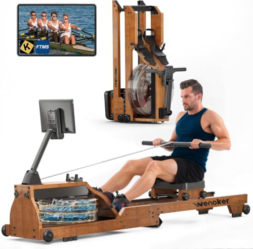 Water Rowing Machine for Home Use, WENOKER Wooden Foldable Rower Machine with Dedicated Monitor & Bluetooth APP, Large Water Tank & Comfortable Seat for Immersive Water Rower, 350LBS Weight Capacity - color: Wood grain