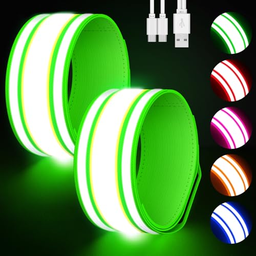 LED Armband for Running 2 Pack, 5 Colors 3 Lights Modes Rechargeable Reflective Arm Bands, High Visibility Reflective Gear for Running Walking Cycling at Night - color: Green, size: Small(9.5"-15.5")