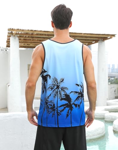 uideazone Mens Beach Tank Tops Summer Graphic Sleeveless Workout Shirt - color: Palm Tree Blue, size: XX-Large