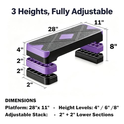 Aerobic Exercise Step Platform, 28-Inch Workout Aerobic Stepper, Height Adjustable Fitness Training Step Deck Trainer with 4 Risers, Non-Slip Surface Bench for Home Gym Cardio Strength 29" x 11.5" x 4" - color: Black-Purple