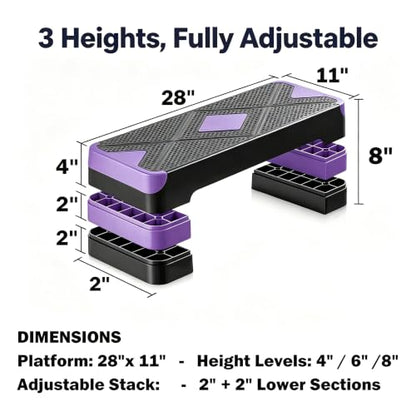 Aerobic Exercise Step Platform, 28-Inch Workout Aerobic Stepper, Height Adjustable Fitness Training Step Deck Trainer with 4 Risers, Non-Slip Surface Bench for Home Gym Cardio Strength 29" x 11.5" x 4" - color: Black-Purple