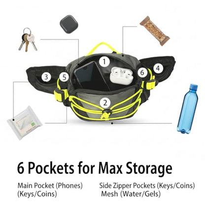Large Capacity Fanny Pack for Men Women, 6-Pocket Crossbody Belt Bag for Hiking Dog Walking Travel, Fits Large Phones & Essentials, Water-Resistant Waist Pouch with Reflective Bungee