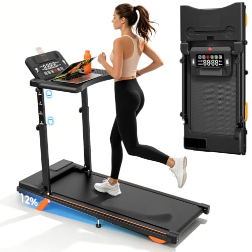12% Incline Multifunctional Walking Pad with Height-Adjustable Handle Bar and Built-in Removable Desk, 8.0MPH/3.5HP Small Treadmill, 350LBS Weight Capacity Compact Treadmills (Black Orange)