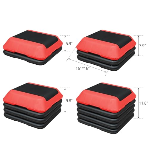 GOWE Height-Adjustable Step Aerobics Platform Fitness Equipment Stepper Trainer Exercise Step Platform with 4 Riser Red