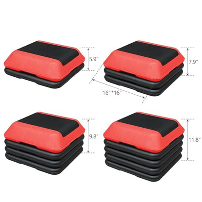 GOWE Height-Adjustable Step Aerobics Platform Fitness Equipment Stepper Trainer Exercise Step Platform with 4 Riser Red