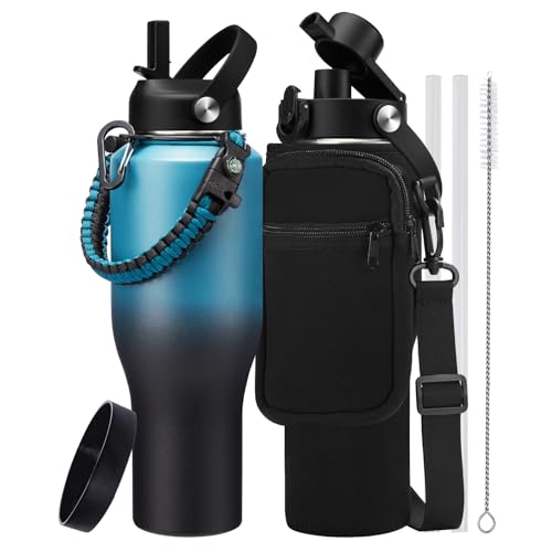 40 oz Water Bottle with Straw - Spout Lid, Paracord Handle & Carrier Bag - color: Indigo Crush, size: 40 Ounces