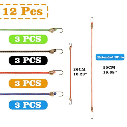 Small Bungee Cords with Hooks 12 Pieces, Mini Bungee Cord Hooks Adjustable Bungee Cord for Luggage Roof Rack Hang Outdoor Tent Tarp Bike Car RV Camping Tool Cargo Accessory