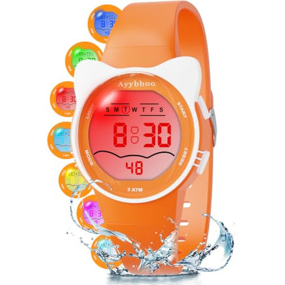 Kids Waterproof Watch 7 Color Light Alarm - color: Orange