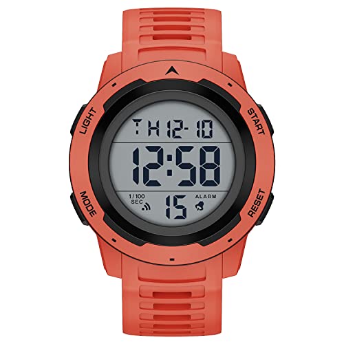 GOLDEN HOUR Mens Waterproof Digital Sport Watches Wide Screen Easy Read Display Military Style with Rubber Strap - color: red